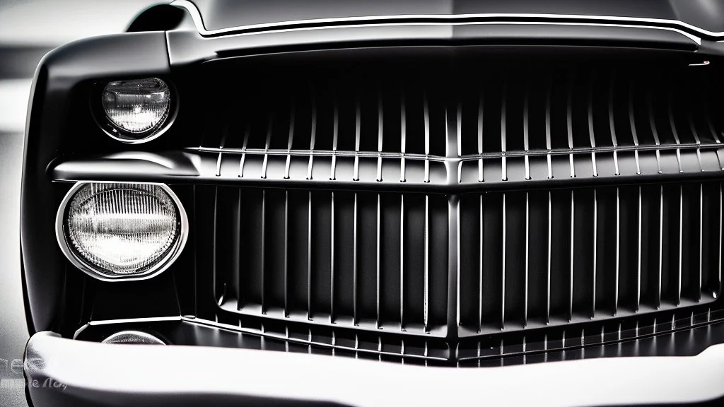 Photograph of a the front grill of a gorgeous, expensive, oldschool black muscle car with a big, black front grill, realistic, stylish, taken up close, symmetrical