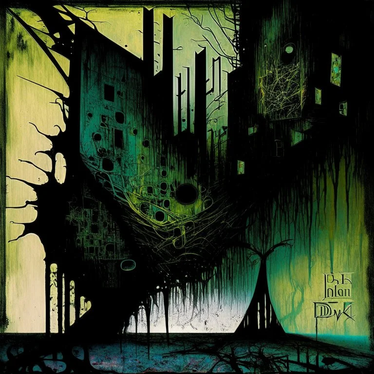 The Unknown Knows, abstract art, by Phlegm and Dave McKean, silkscreened mind-bending album art, "VOIVOD" album cover; cool colors, off-centered fragmented composition, dark shines war,