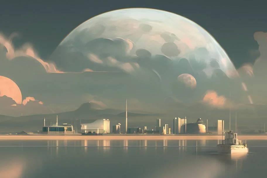 moon, clouds, distant modern contemporary city, lake, sci-fi, boat, epic