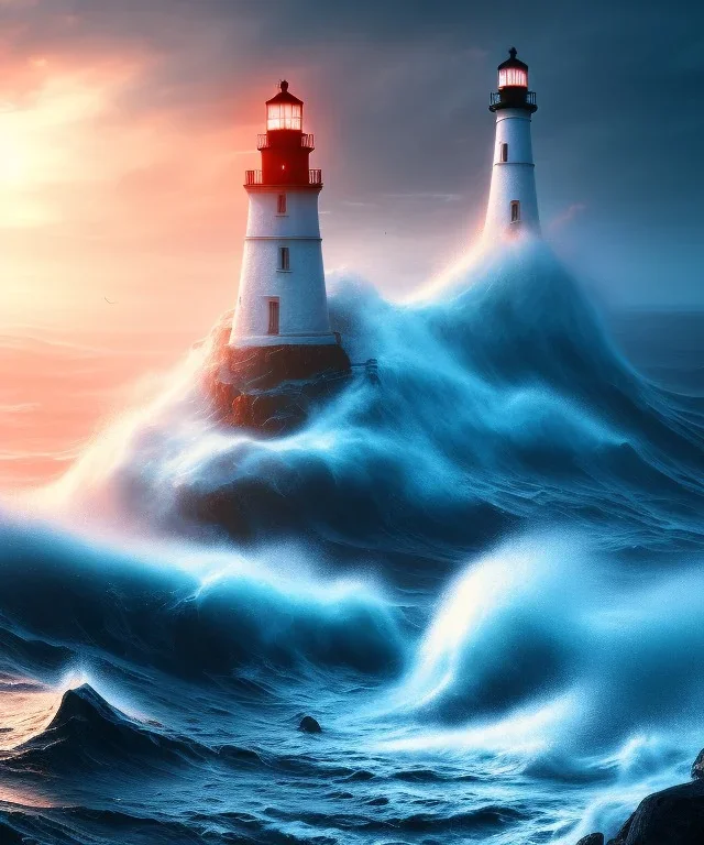 Fantasy, light house, surreal, frozen waves crashing below, 8k, sunrise, sketch