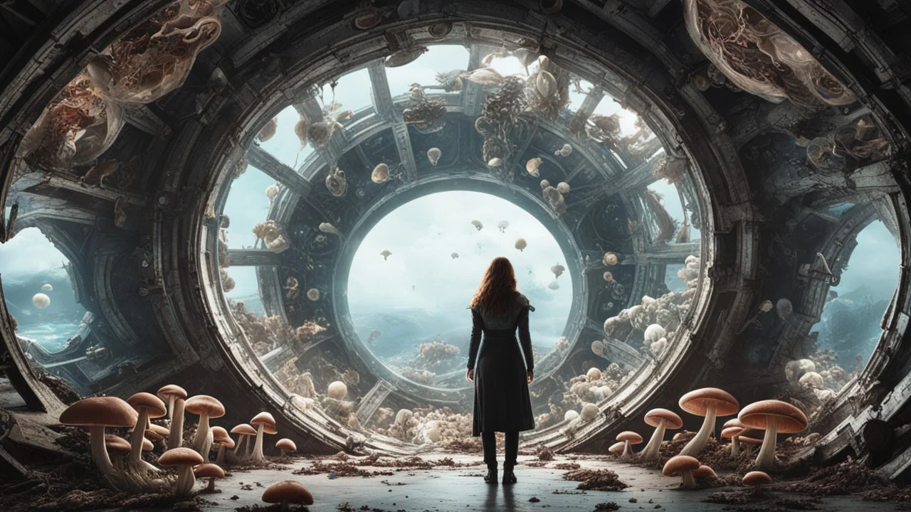 woman standing inside the interior of a ruined alien spaceship, with a circular window, overrun with mushrooms with jellyfish tentacles