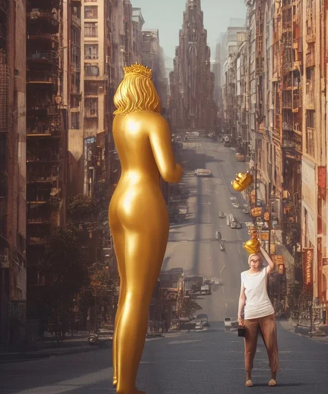 Statue of Queen of photography. Cute blonde woman. Photographer in golden crown. Standing on the street. Big camera in her hand. hyperdetailed, photorealistic, trending on artstation, greg rutkowski, beksinski, kodachrome, lomography, golden hour, bokeh, volumetric light