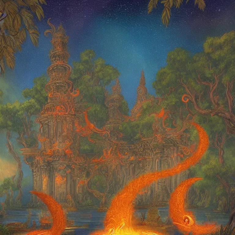 A large and ancient temple made of glowing fire and lava in the middle of a beautiful and large lake full of mermaids with beautiful rainbow-colored tails in the middle of a thick and green forest and surrounded by tall and sturdy trees, complete painting elements And with fine and detailed details, neon color and happy colors, crescent moon and many stars in the sky, painting view from afar, full HD, 8K, 16K, 24K