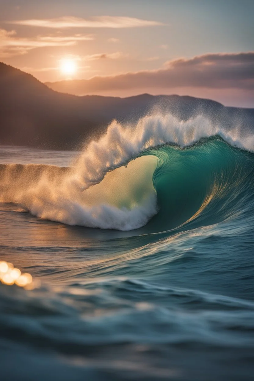 Ultra realistic photo rough colored big ocean wave falling down at sunset time concept ,full size, science, technology,future,electric ,futuristic style, design, practicality,manufacturability,performance, performance, HOF, professional photographer, captured with professional DSLR camera, trending on Artstation, 64k, full size, ultra detailed, ultra accurate detailed, bokeh lighting, surrealism, background,(((realism, realistic, realphoto, photography, portrait, , realistic, beautiful, elegant,