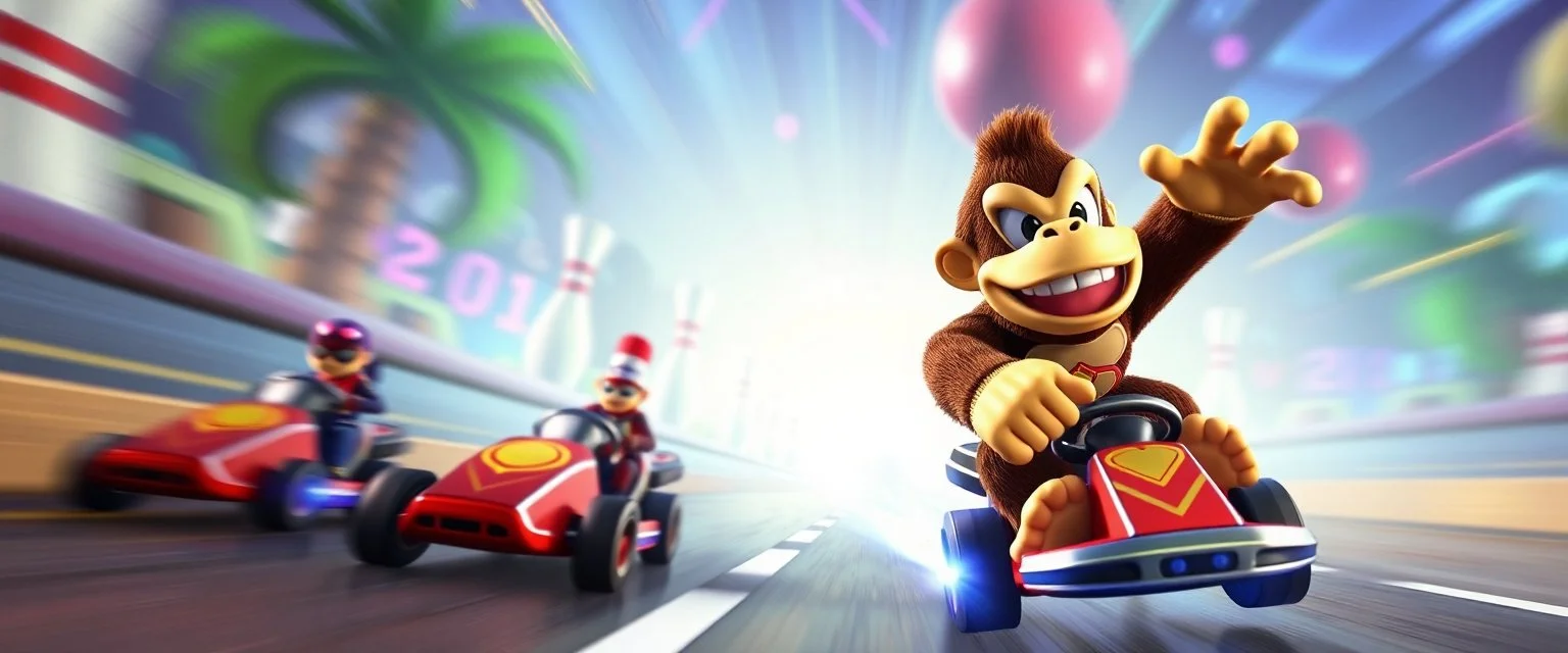 donkey kong bowling stage racing, motion blur, weird creatures, mini racing kart