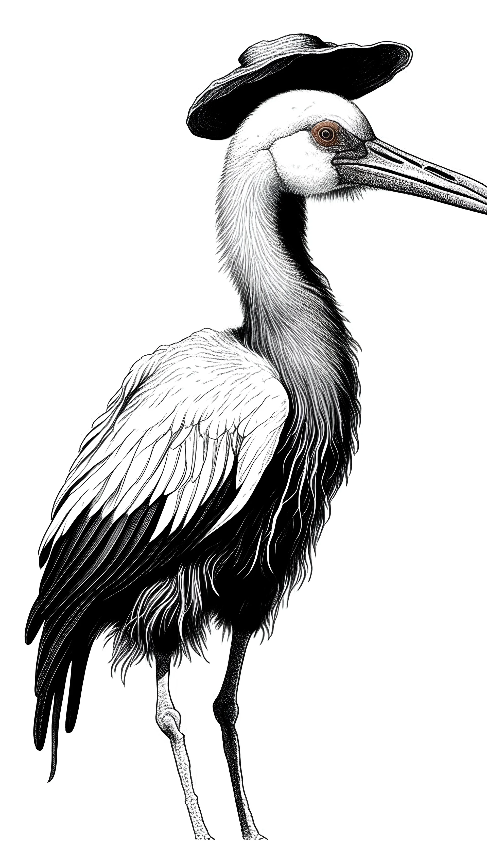 belarusian stork-bird with traditional straw wide-brimmed hat. noir, sketch