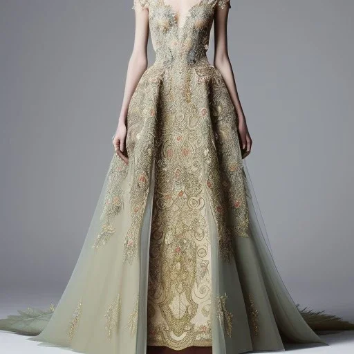 stunning couture gown designed by Marchesa inspired by fantasy, realistic, detailed, high quality, intricate, dreamlike background