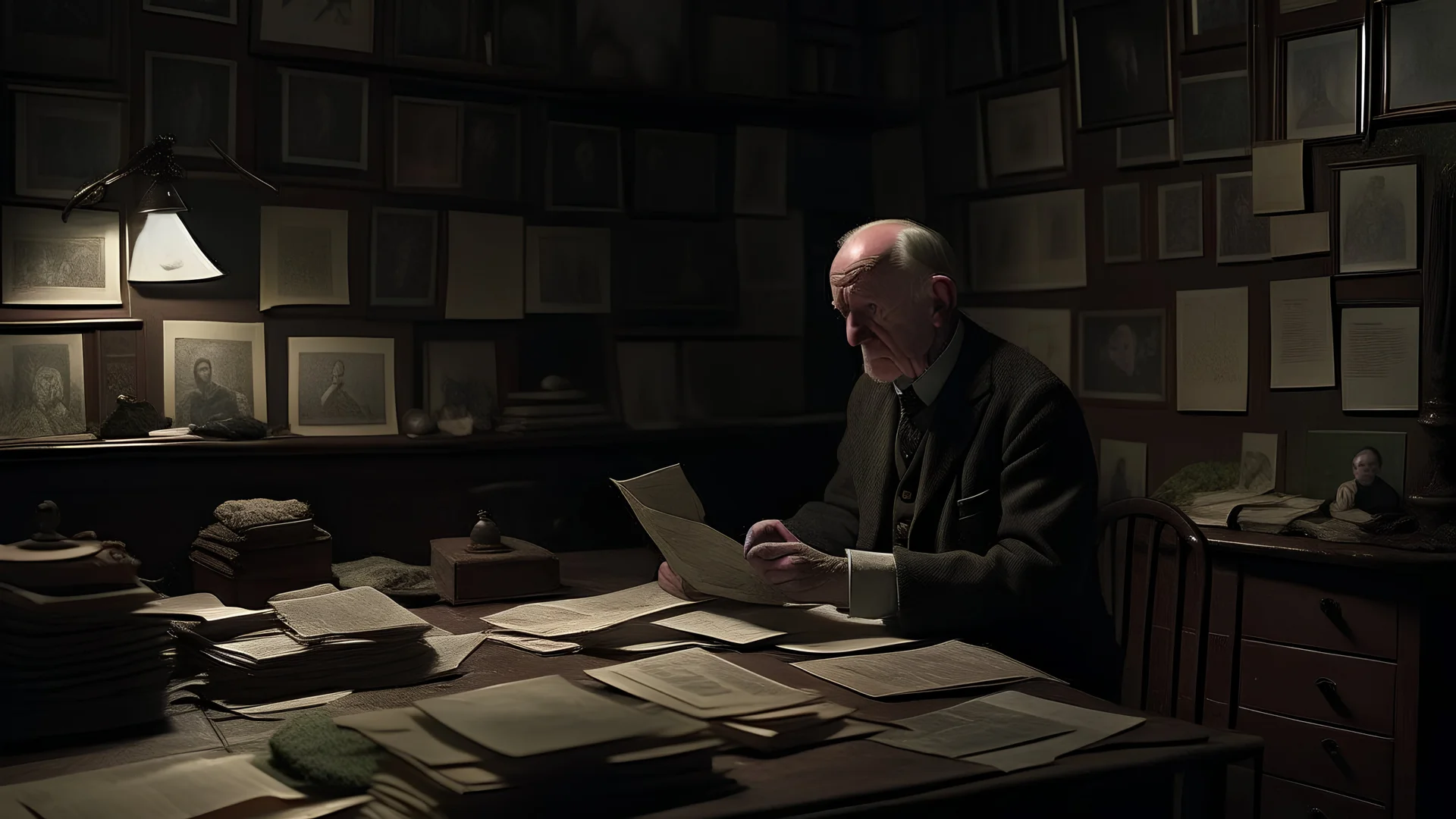 In this chapter full of internal twists and turns, we see a picture showing John Harrison as he explores the mystery of his family history and discovers a lot about himself. John is shown sitting in a dark room, surrounded by old photos and documents that tell his family's story. John's face shows signs of astonishment and contemplation, as he ponders images and information that reveal long-buried secrets. He expresses the depth of discovery and contemplation in his features, as he seems to fin