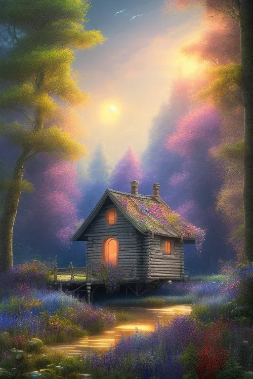 romanticism, hyper detail, mystical forest, small wooden cabin, purple blue yellow silver teal black olive azure, red, pink, brown, flowers, color field painting,