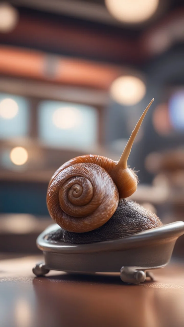 snail with rocker hair chilling at the barber shop,bokeh like f/0.8, tilt-shift lens 8k, high detail, smooth render, down-light, unreal engine, prize winning