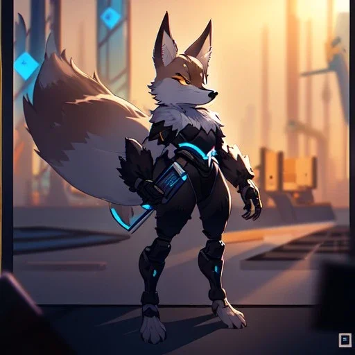 a fox fursona, darker colors, master quality, backlighting, soft lights, full body portrait, in frame, 8k, furry, fur, dark color pallet, robotic arm, cyberpunk, anthropomorphic, perfectly drawn face, well drawn paws