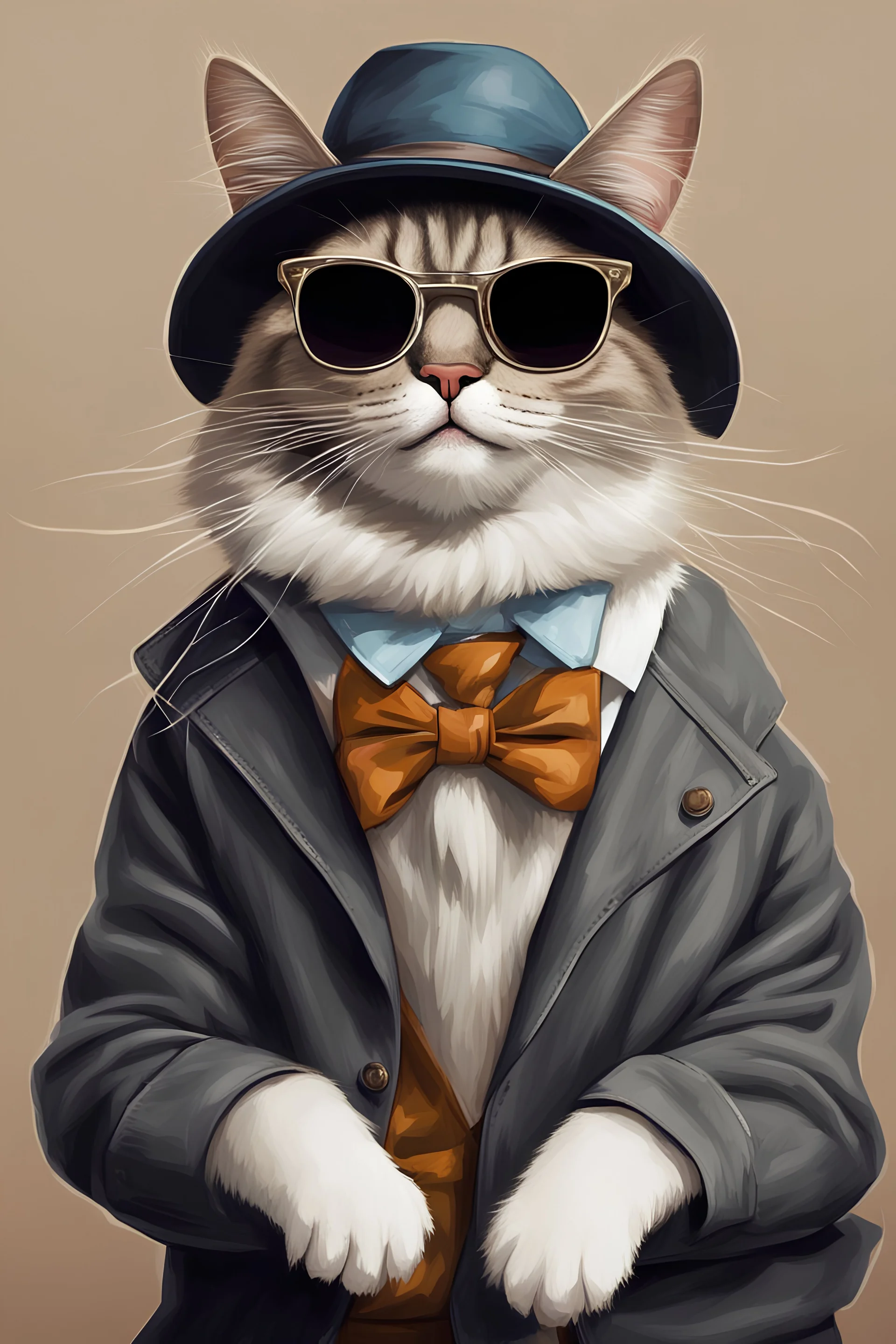 happy cat with sunglasses and hat smiling and waiting