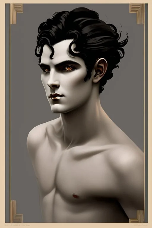 black haired horned young man satyr the style of art deco