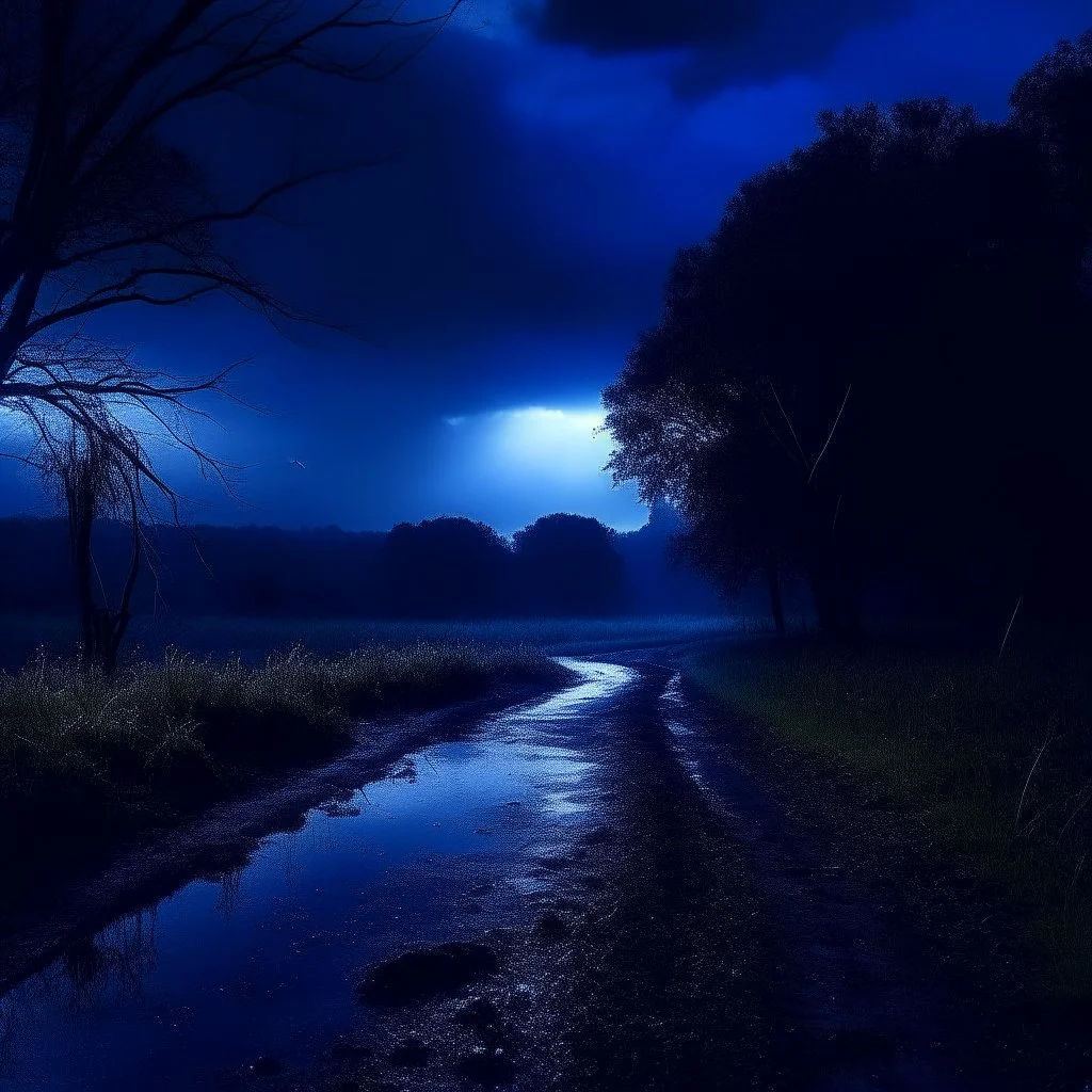 sad nature scene, midnight, dark blue colours, rainy, atmospheric, photo quality