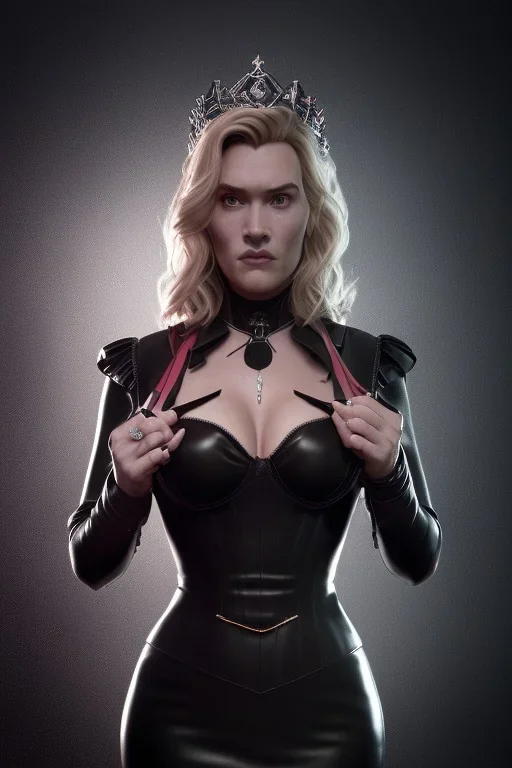 Kate Winslet as evil queen in black leather gown, cleavage, angry, stern look unreal 5, octane render,cinema4d, dynamic lighting, dramatic lighting, 4k, redshift render, highly detailed, hyper realistic