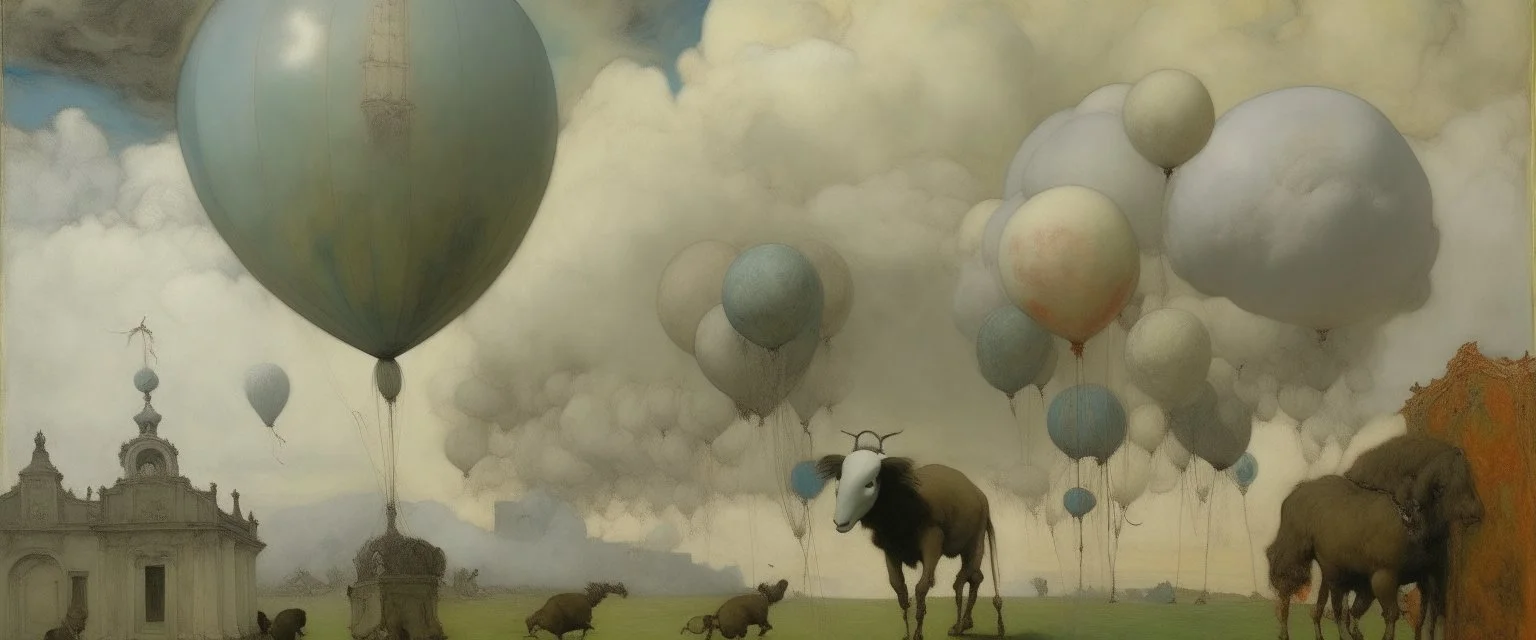 A gray heavenly sky with pillars and sheep balloons painted by Edgar Degas