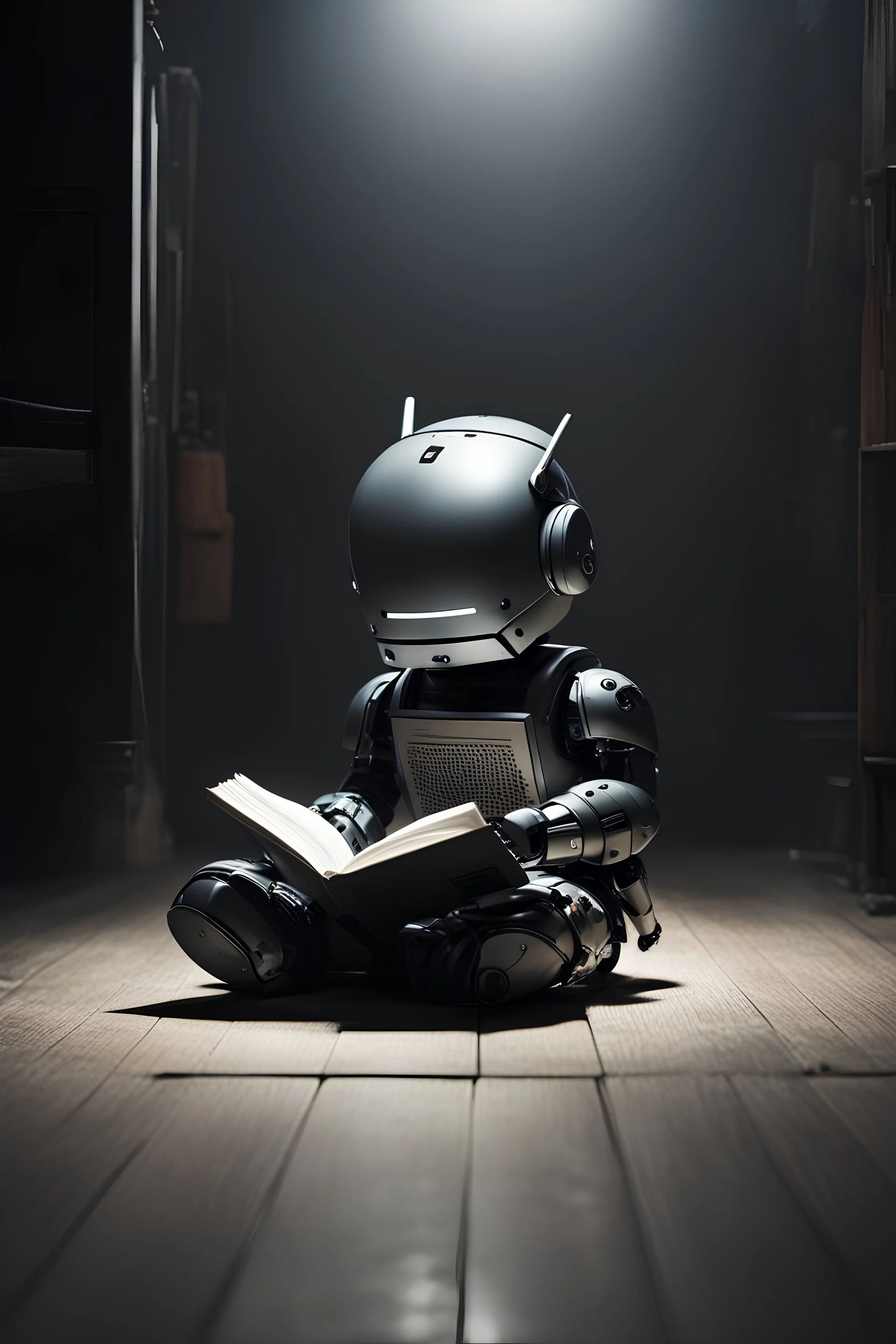 kid robot siting on the floor and reading in a dark room