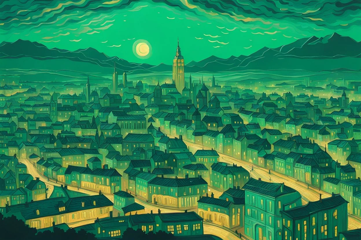 Create a magical cityscape, with a detailed, imaginative depiction in the style of Vincent Van Gogh, using acrylic material, illuminated by dreamy haze, featuring mint green colors, an aerial perspective, high detail quality, --v 1.