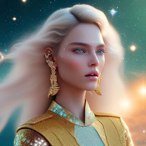 white woman glitter smiling long blond hair blue eyes in a galactic ambiance, delicate colors in the foreground, full of details, smooth, light effect，vaporwave colorful, smooth, extremely sharp detail, finely tuned detail, ultra high definition, 8 k, ultra sharp focus