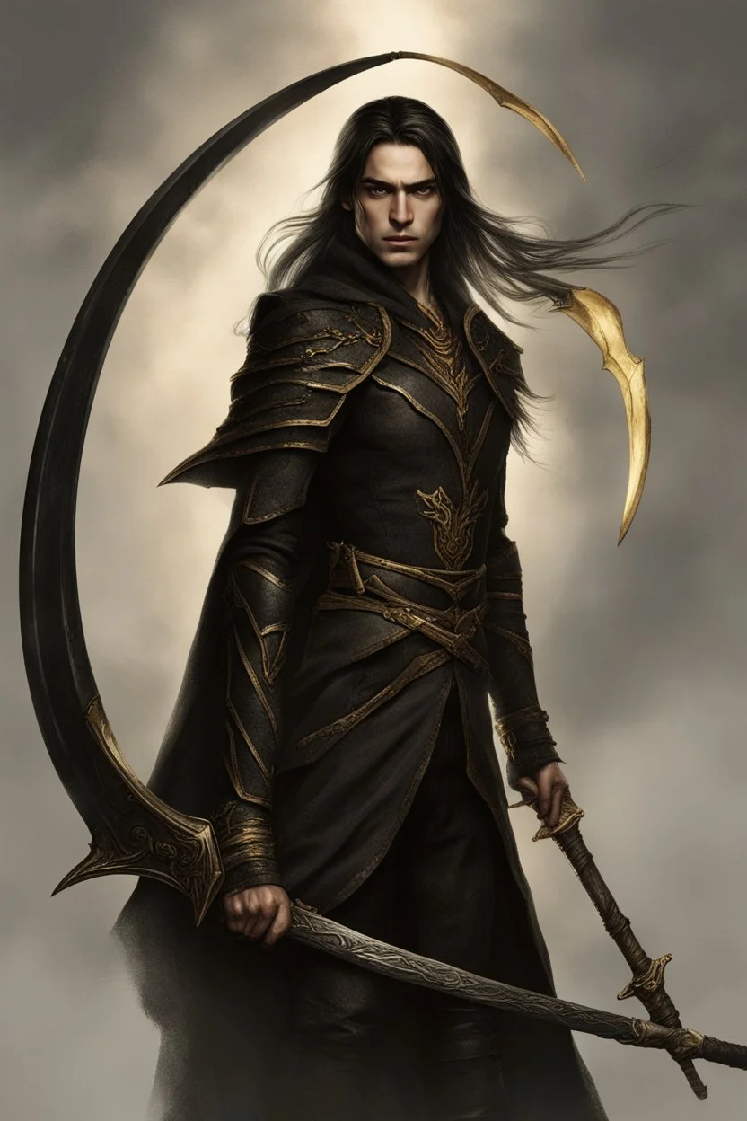 a young elven warrior, with golden eyes, long black braid, dressed in black leather, carrying a gigantic scythe