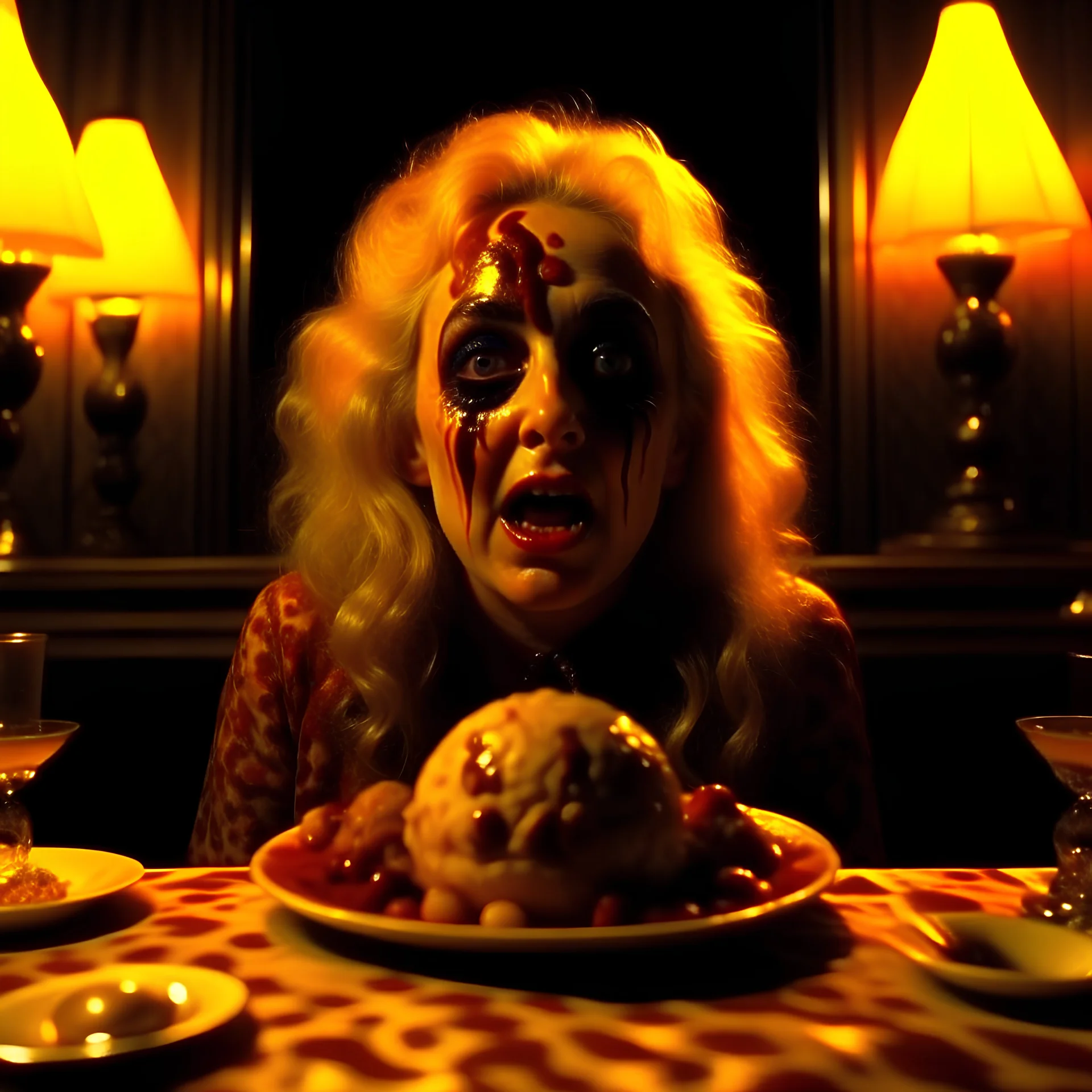 Spooky, ultra realistic distress, dining, ultra realistic hot eye, giant details, accentuated, hypnotic, organic hot blondes, dynamic, anguish, excited and lively scene, hypermaximalist figures, Creepy the Ring Alfred Hitchcock, Sam Raimi, insanely detailed, sinister, John Carpenter, Dario Argento, ornate