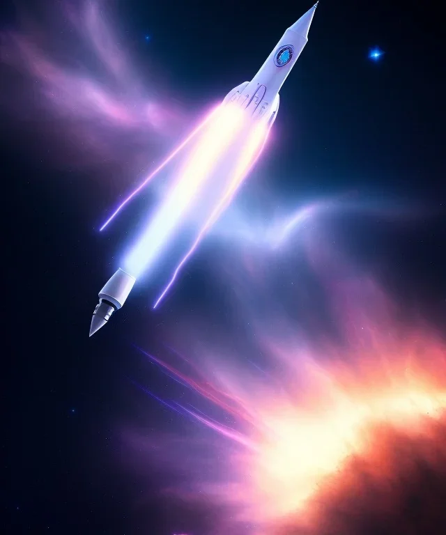 clean modern white rocket flying, beautiful nebula, far shot, 8k, realistic