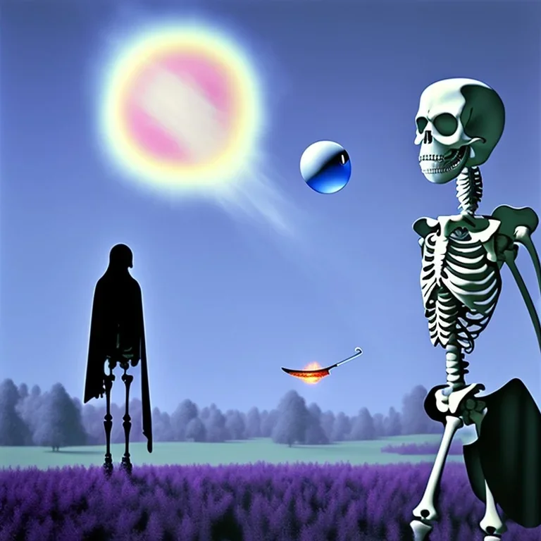 The Grim Reaper and the Skeleton on bubble world, discussing the future of the universe, art by Magritte and Pixar