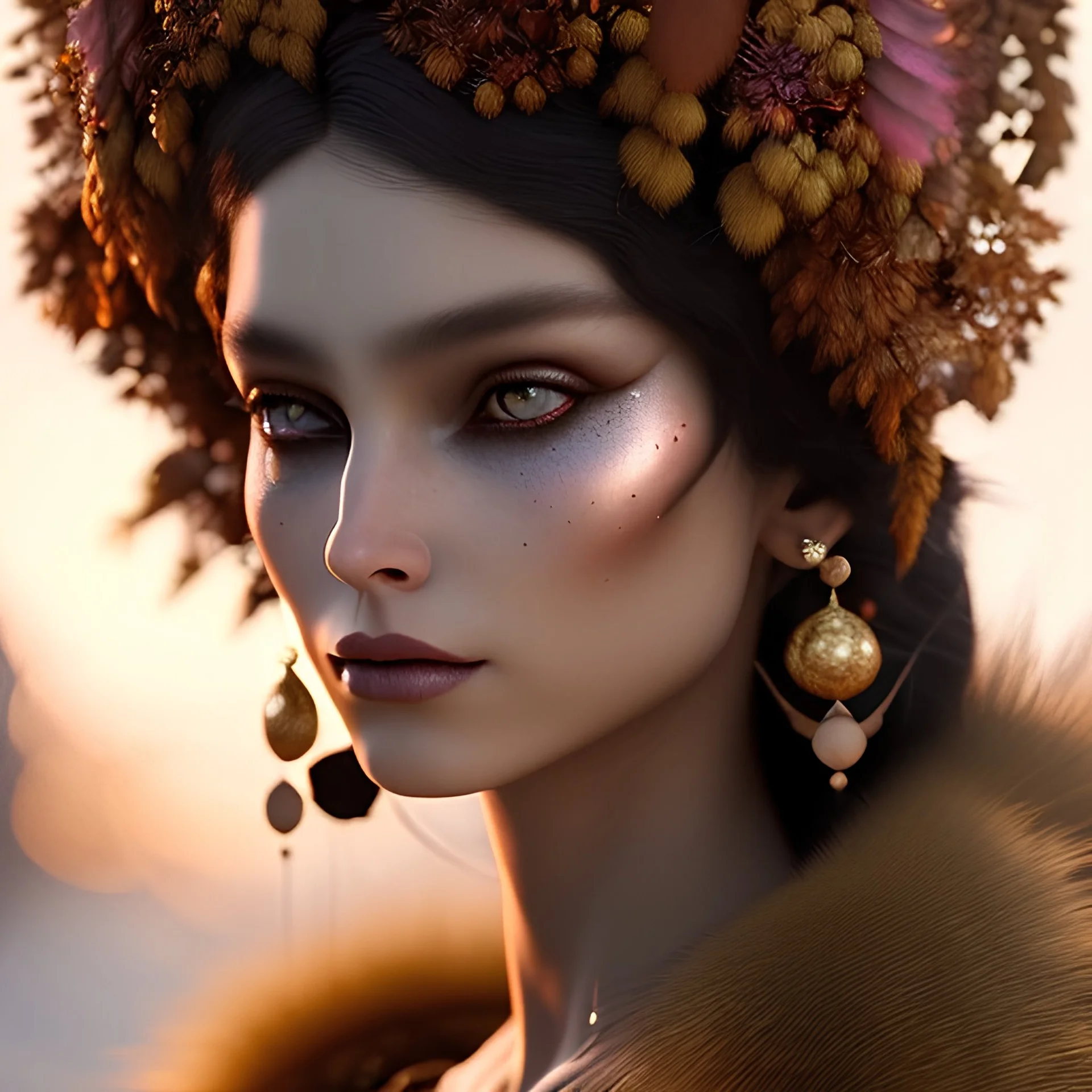 woolitize, frida, rusty metal, feathers, Dryad, fae, sidhe, ominous, nature, plants, wildflower, facepaint, dnd character portrait, intricate, oil on canvas, masterpiece, expert, insanely detailed, 4k resolution, retroanime style, cute big circular reflective eyes, Pixar render, unreal engine cinematic smooth, intricate detail , soft smooth lighting, soft pastel colors