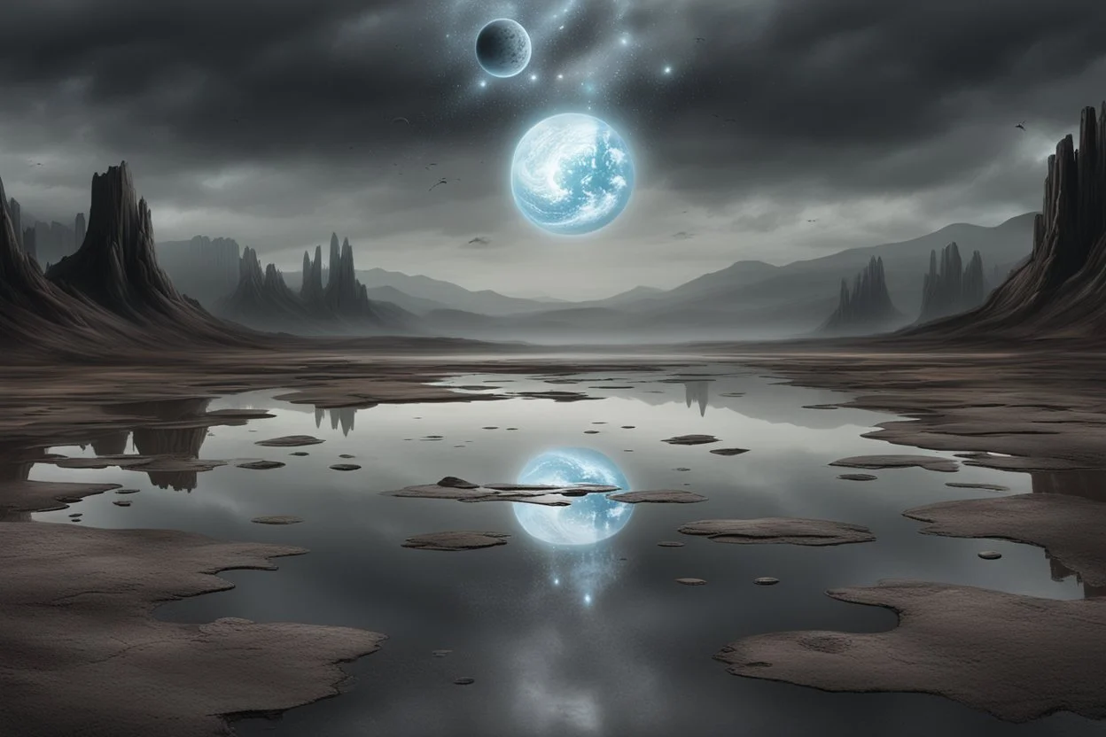 grey sky, planet in the sky, puddle, sci-fi, landscape, mountains, galactic cosmic influence