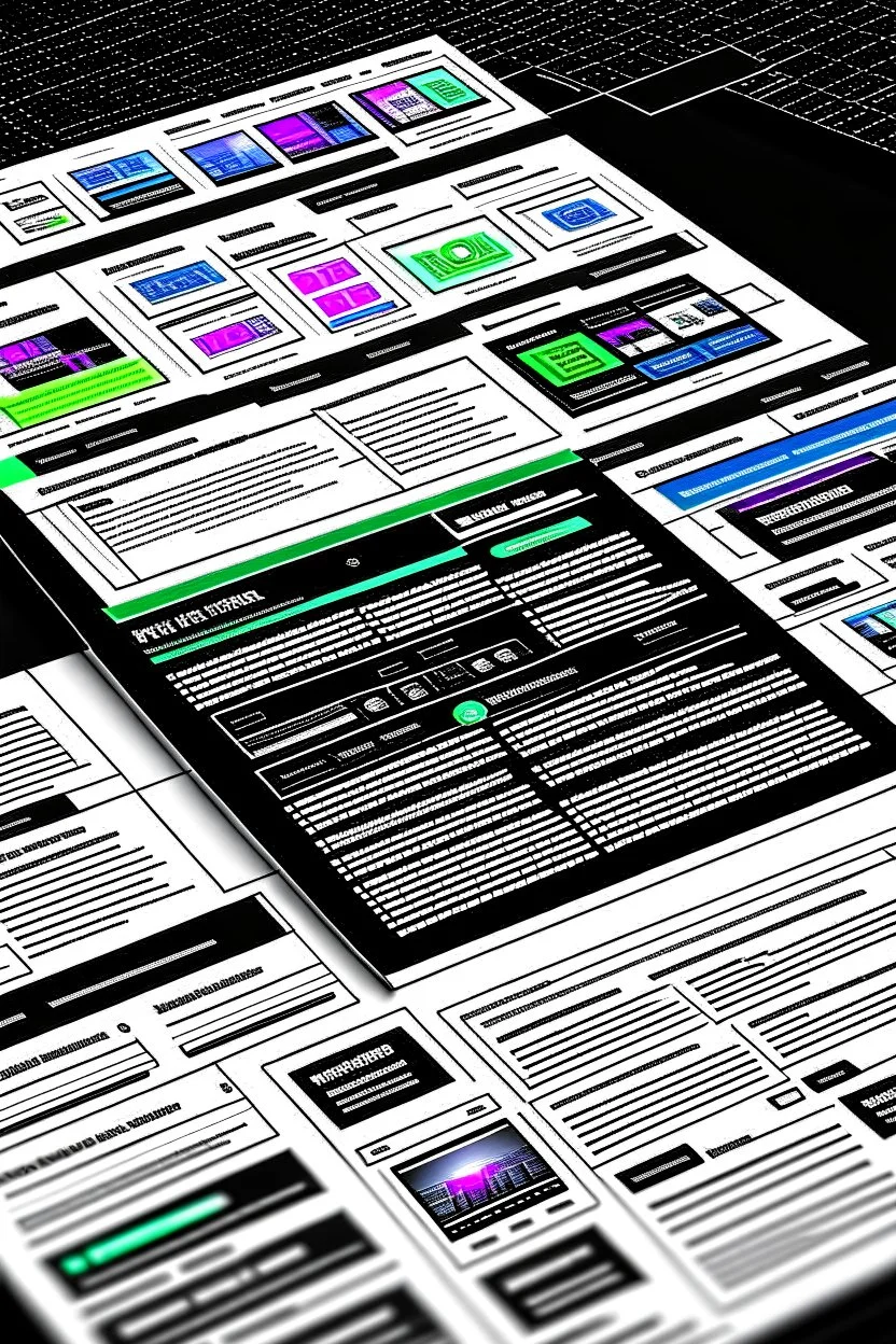 wireframe of a modern marketing agency landing page with navigation, photos and text on paper, colorful, many details, dark ambience, 8k