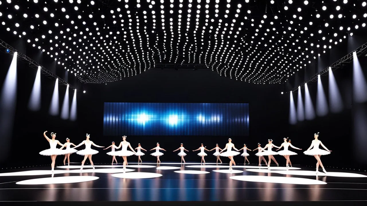 a recursive 3d fractal mocap graphic balerina group in stage with disco lights