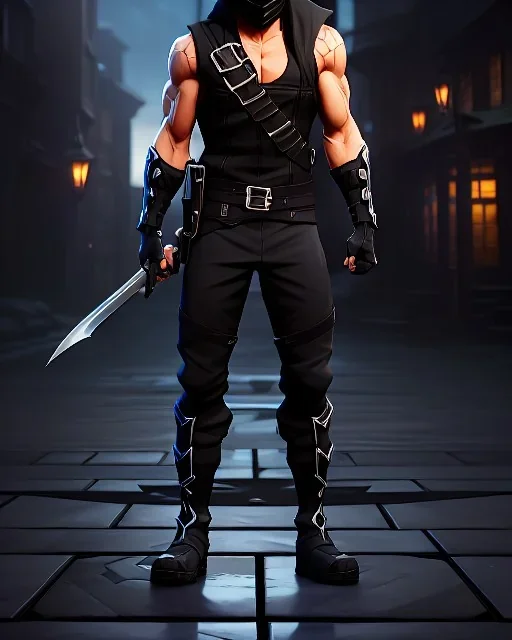 muscular ninja assassin, athletic build, wearing black and gray baggy pants with pockets, black hood and black balaclava mask, big boots, buckles, straps, daggers, dark hazel eyes, eyes are both in proportion and green, 3/4 look, standing, dark cobblestone alley, candle light behind head, intense, non photorealistic rendering in the art style of j.scott campbell