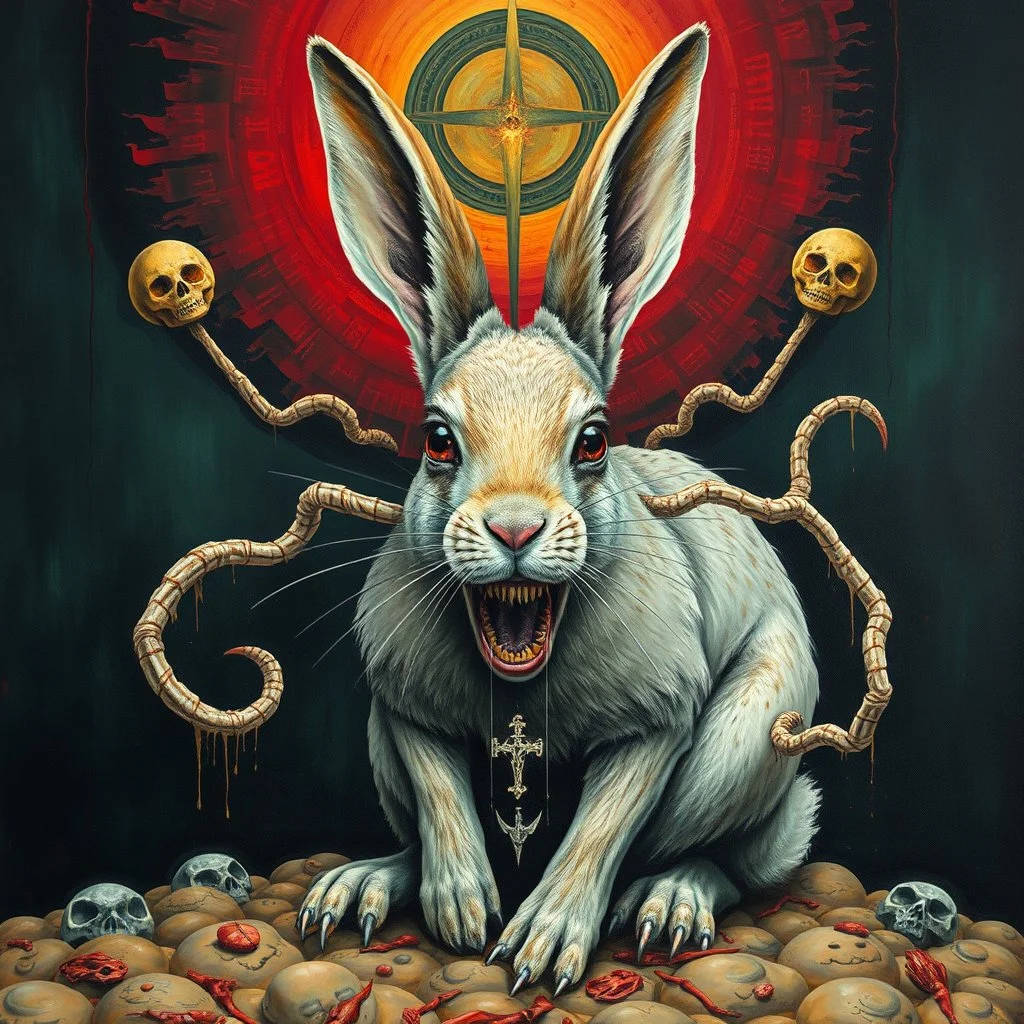 Amalgamation of a rabbit Gnostic Ataxia, by Mark Powell, surreal horror, descent into madness, acrylics