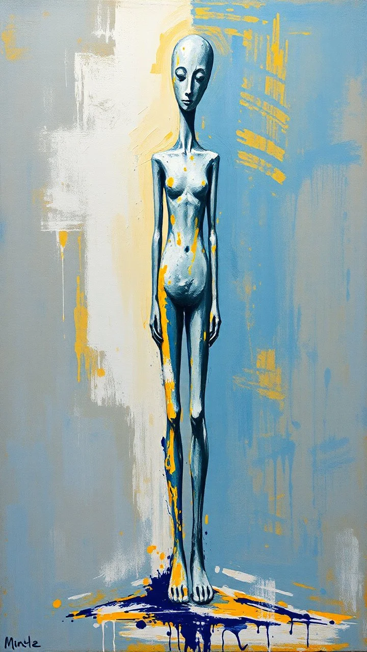 a tough oil brush blue and yellow abstract on rough canvas make a surreal figure of a very tall and thin sculpture, Busch painting style