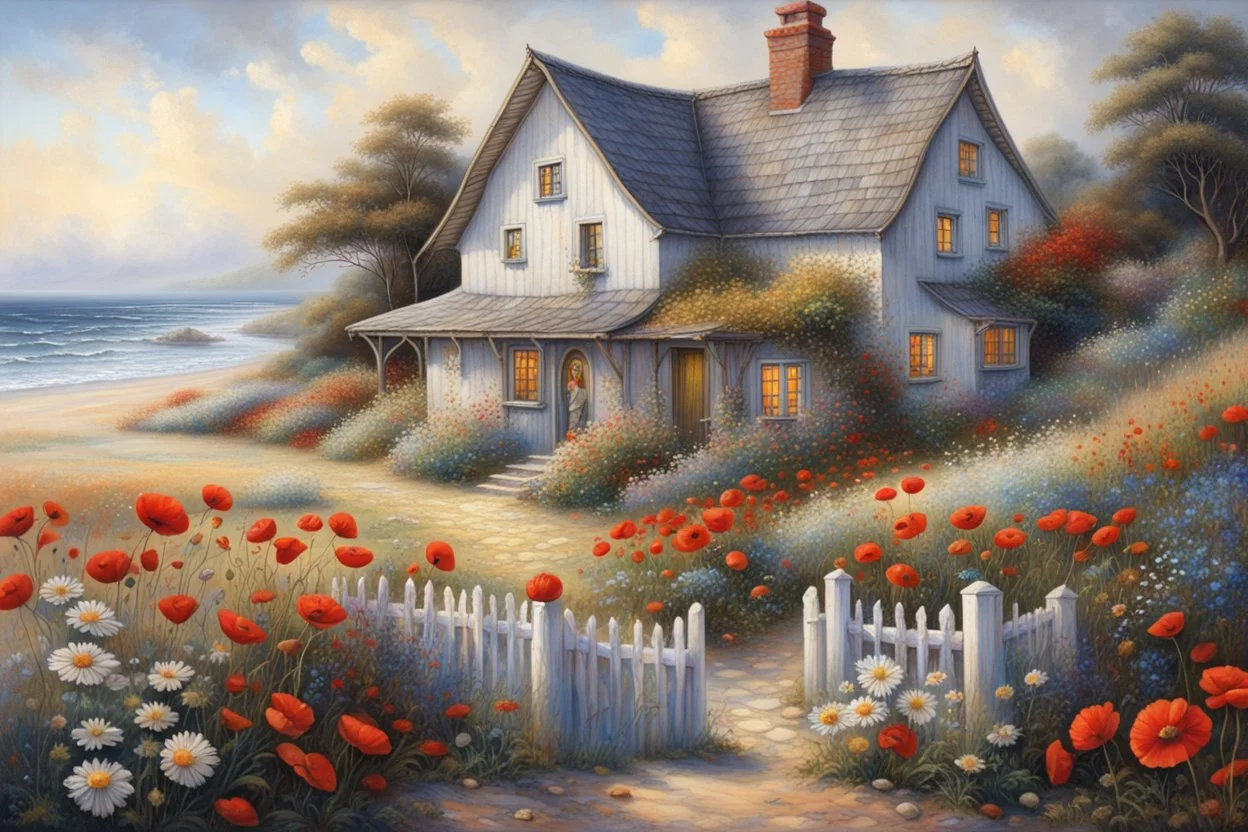 painting depicting a picturesque, richly detailed location, similar to the work of masters such as Josephine Wall or Tomasz Alen Kopera. A cozy, quaint white cottage with a gray shingled roof nestled among sandy dunes. A wooden fence encloses a charming garden blooming with colorful flowers like red poppies and white daisies in front of the house. The property features two gable-fronted dormers with windows, complementing white-framed windows adorned with lace curtains, and a sky-blue front door