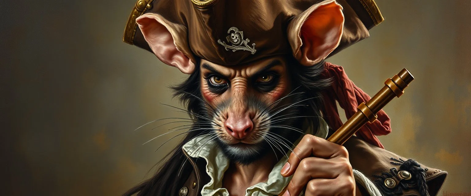 master oil painting by Rembrandt, good afternoon bitch scary hot seductive pirat rat swashbuckler