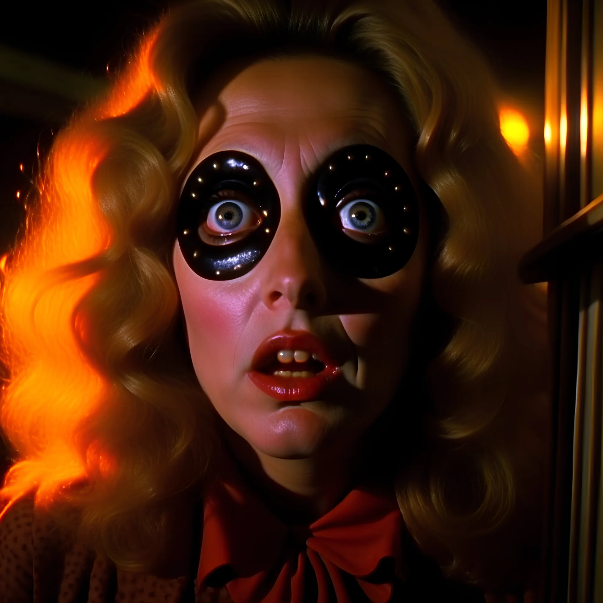 Spooky, ultra realistic distress, dining, ultra realistic hot woman, giant eye, organic hot bondes, dynamic, anguish, excited and lively scene, hypermaximalist figures, Creepy the Ring Alfred Hitchcock, Sam Raimi, insanely detailed, sinister, John Carpenter, Dario Argento, ornate