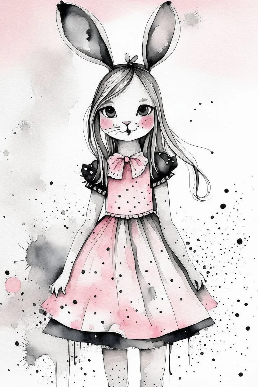 Watercolor black and white with pink dress bunny girl