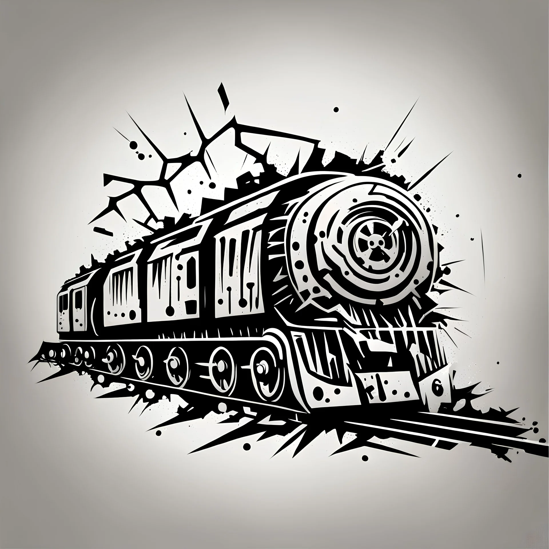 post-apocalyptic broken train vector icon in white color over the back background, stylized