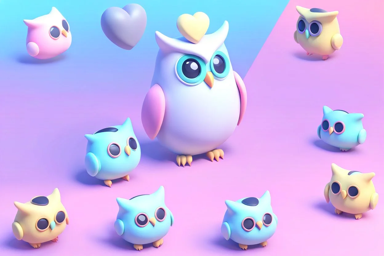 Tiny cute isometric Owl like emoji, Air Quality monitor with LCD display, Cyberpunk, futuristic, heart shape, soft lighting, soft pastel colors, 3d icon clay render, blender 3d, pastel background --v 4 --s 750