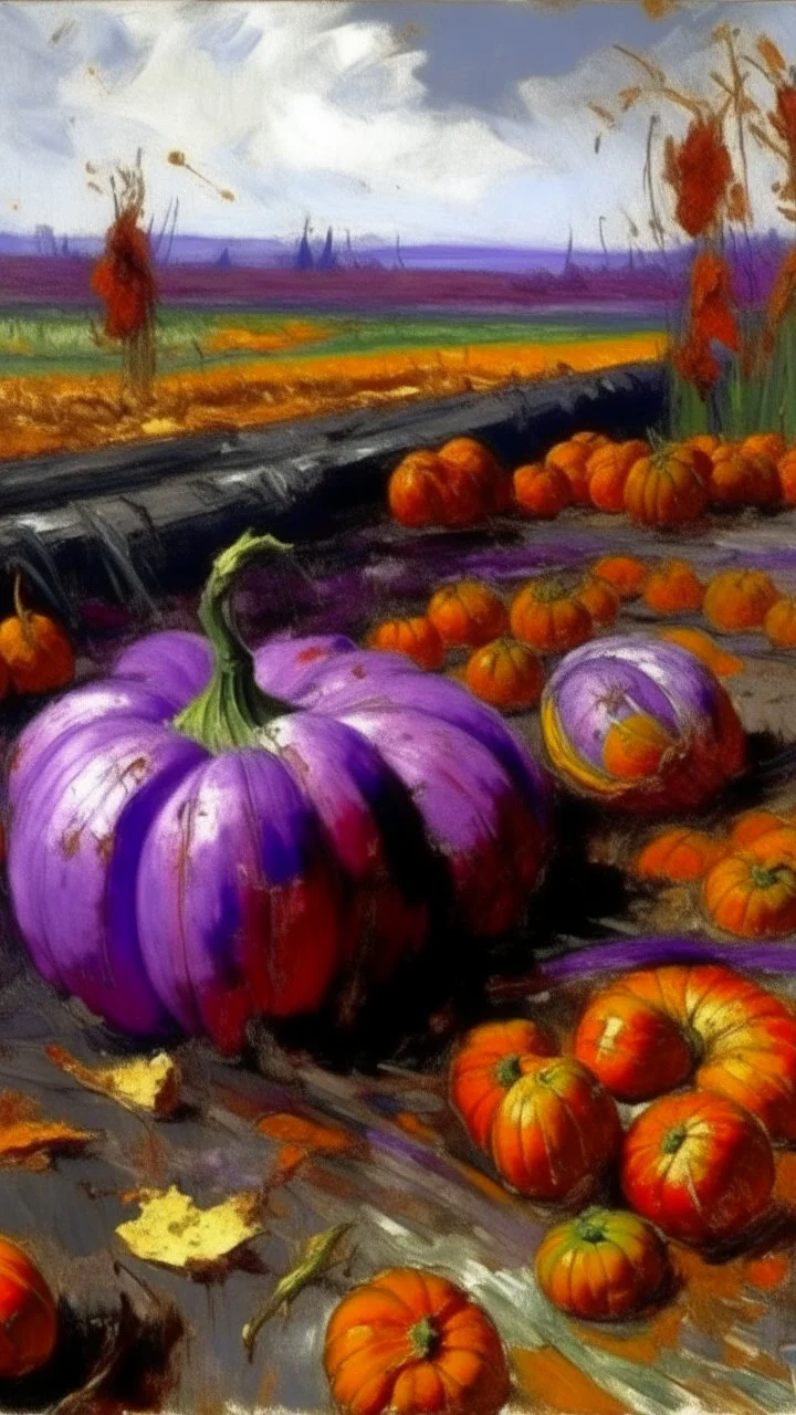 A purple bog with rotten pumpkins painted by Claude Monet