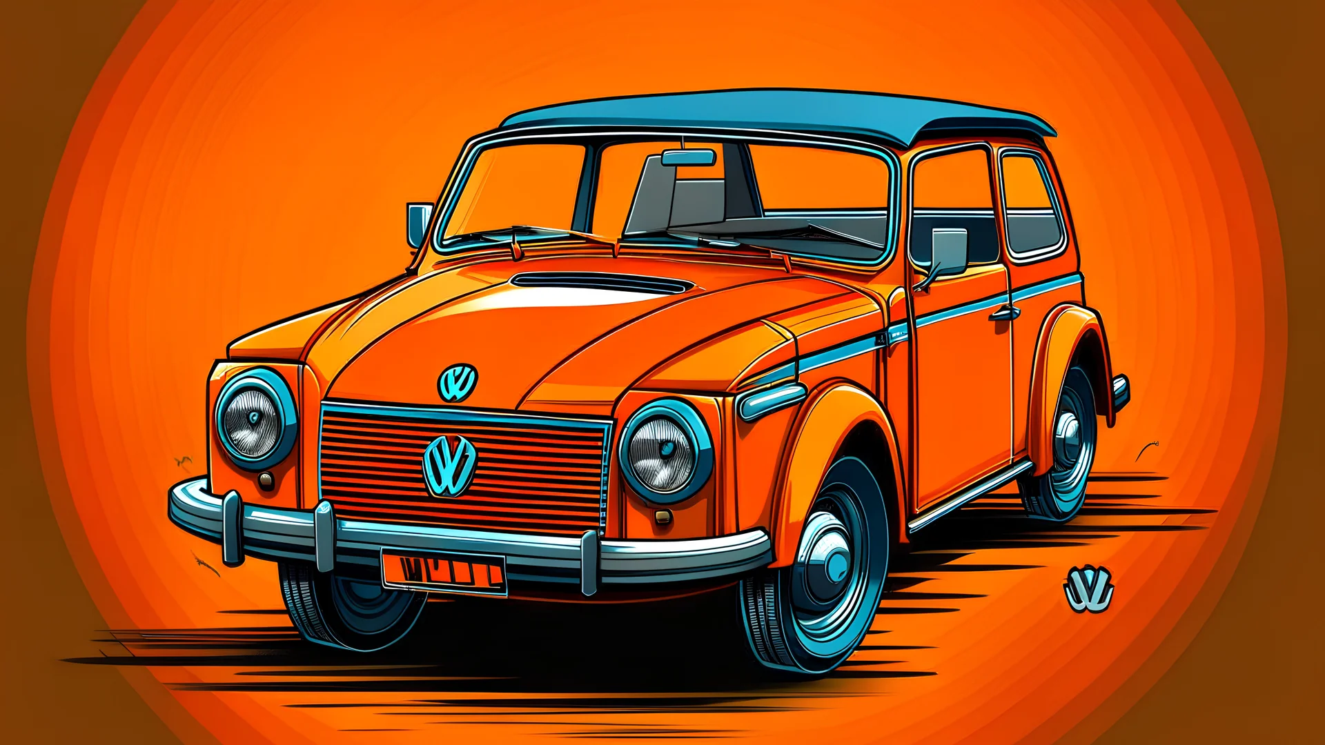 T-shirt graphic design art, a modern graphic design, orange Volkswagen thing Type 181/182 , London street, soft four-color color, vintage gray tone, highly detailed cleaning, vector image, realistic masterpiece, professional photography, realistic car, simple background car sunrise, flat transparent background, isometric, vibrant vector