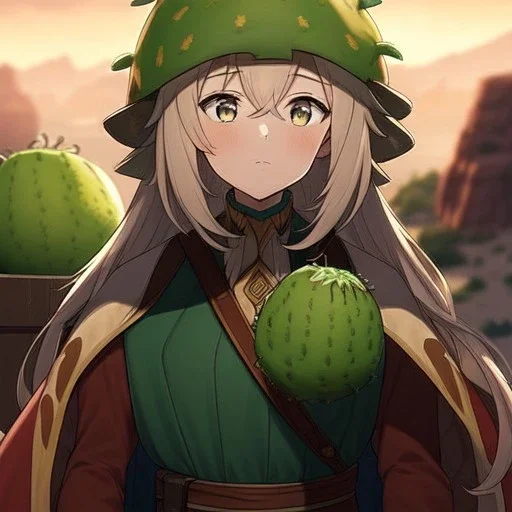 real life like traditional cactus in the desert in arizona, grand canyon, anime girl detail,thorny cactus