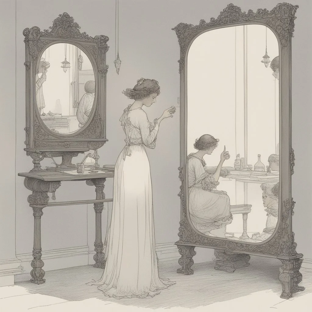 [art by W. Heath Robinson] the reflection in the mirror is not her