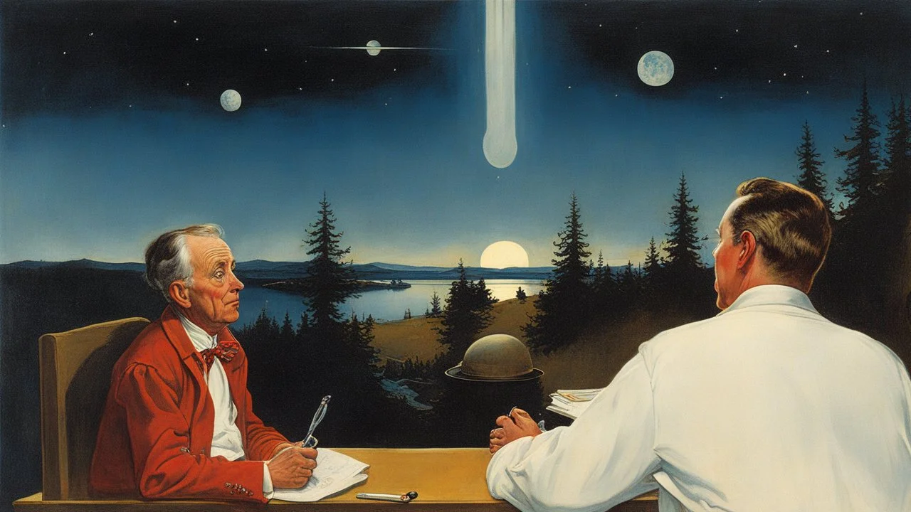 [art by Norman Rockwell] As the night wears on, you start to notice some strange things happening around you. The aliens seem to be watching you closely, and you get the feeling that they are studying you in some way. They seem to be particularly interested in how humans reproduce, and they keep asking you questions about your reproductive system and your reproductive habits.