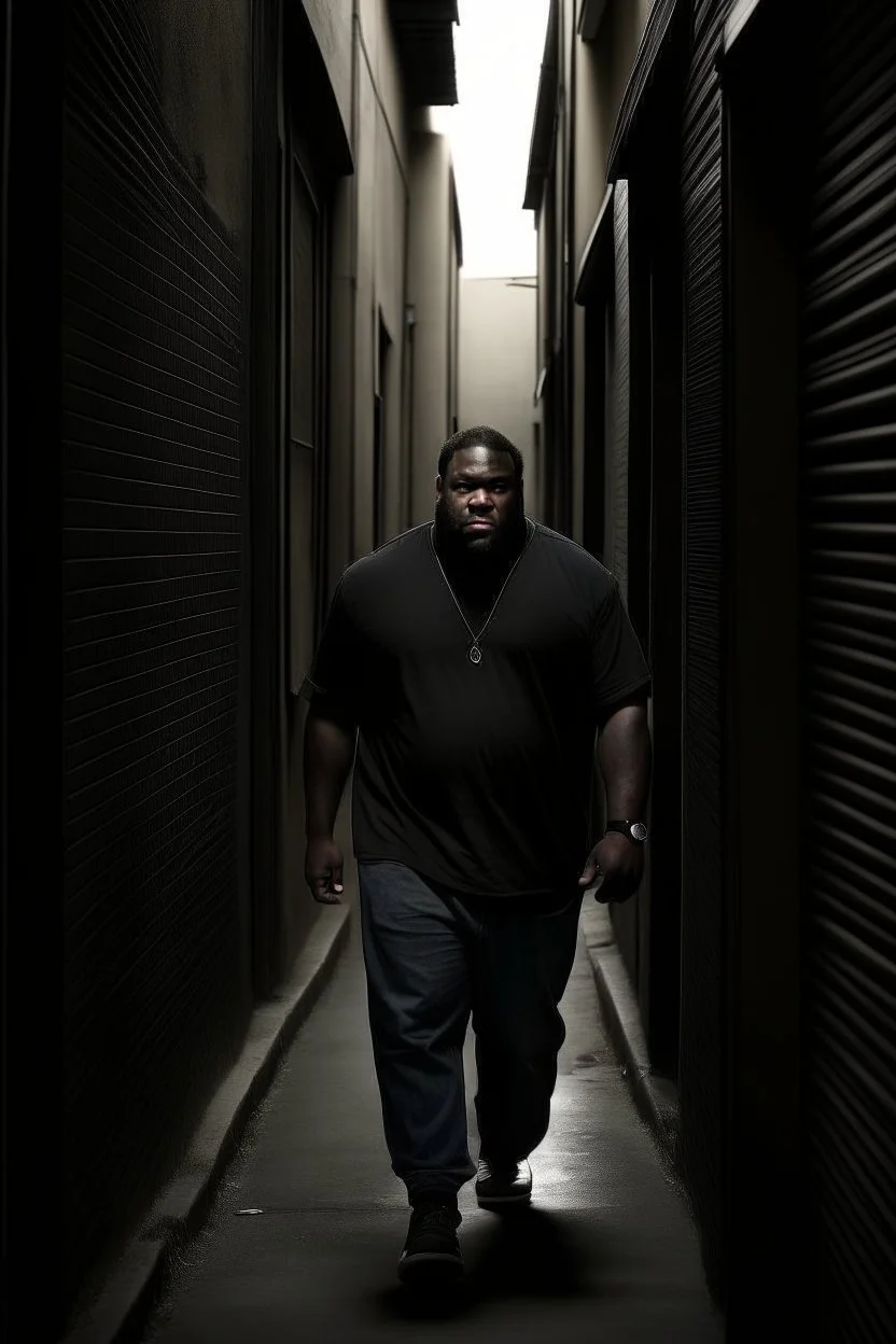 Tall big fat black man really far away running down a dark alleyway