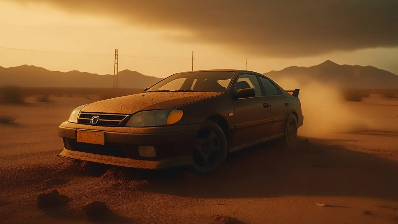 Capture a stunning and cinematographic photography featuring a 1998 black and rusty Honda Civic in a post-apocalyptic desert road enveloped by a sandstorm. Employ a post-apocalyptic photography style to authentically depict the rugged and desolate atmosphere. Ensure the scene vividly evokes the essence of a transformed world, with the weathered Honda Civic standing resilient amid the harsh conditions of the desert and swirling sandstorm.