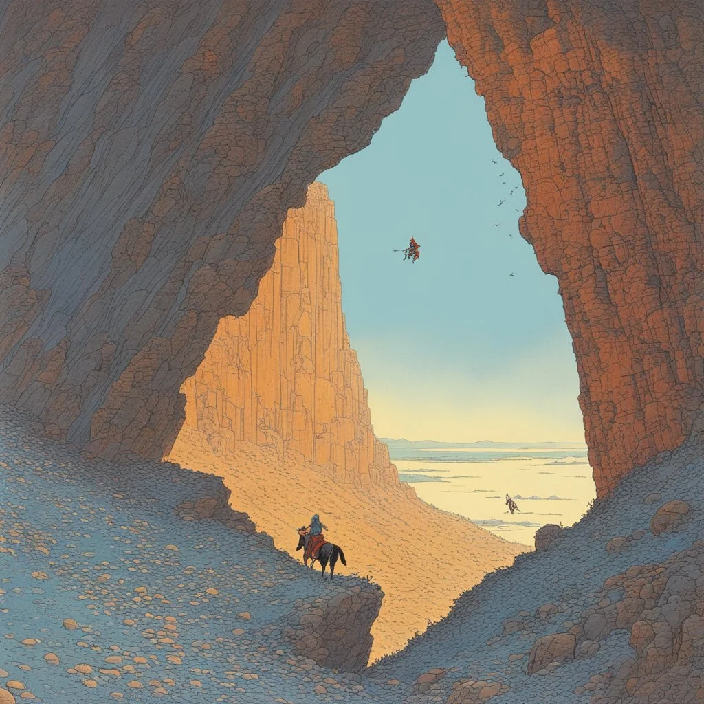 [art by Moebius] But the prey suddenly disappeared at the edge of a cliff. Roupinho and his horse were racing toward the 100-foot precipice and sudden death. In a true Hail Mary fashion, the knight begged for help from the Virgin Madonna of Nazaré, At the moment before catatrophe (as legend has it) the blessed Mary made the horse turn away just before hurtling over the abyss. To Roupinho it appeared to be a supernatural occurnce that saved his life. (Later some claimed it was the devil, disgui