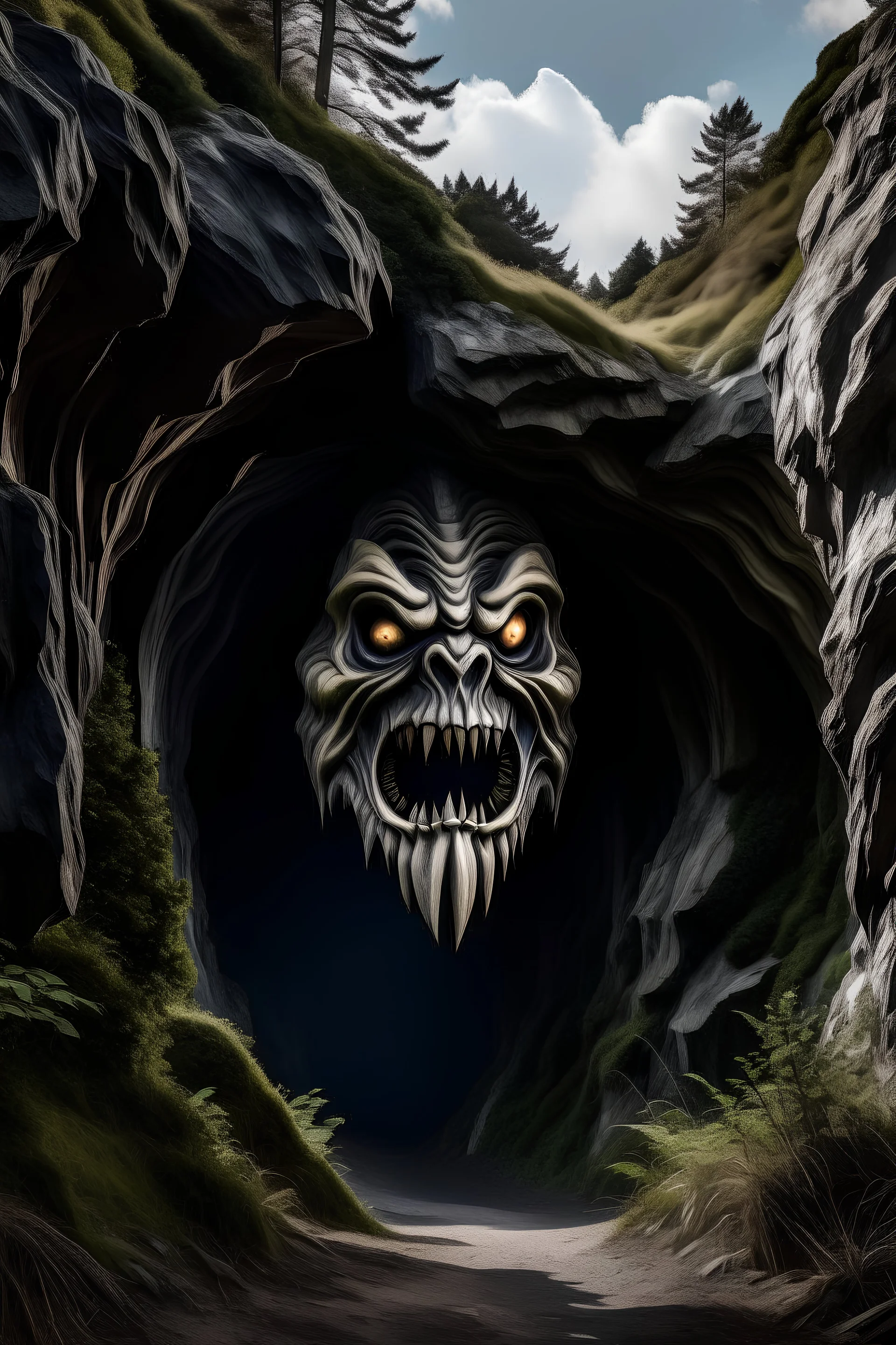 High resolution image of a cave entrance shaped like a demon's mouth, on the side of a forested hill.