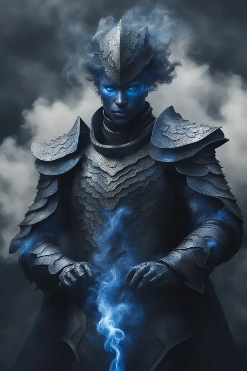 blue smoke in a shape of humanoid of colour of a storm wearing a scalemail armor